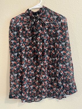 Zara Black Sheer Floral Tie-Neck Blouse with Pink and Cream Flowers